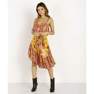 Spell Yellow & Pink Floral Ruffle Midi Dress NWT